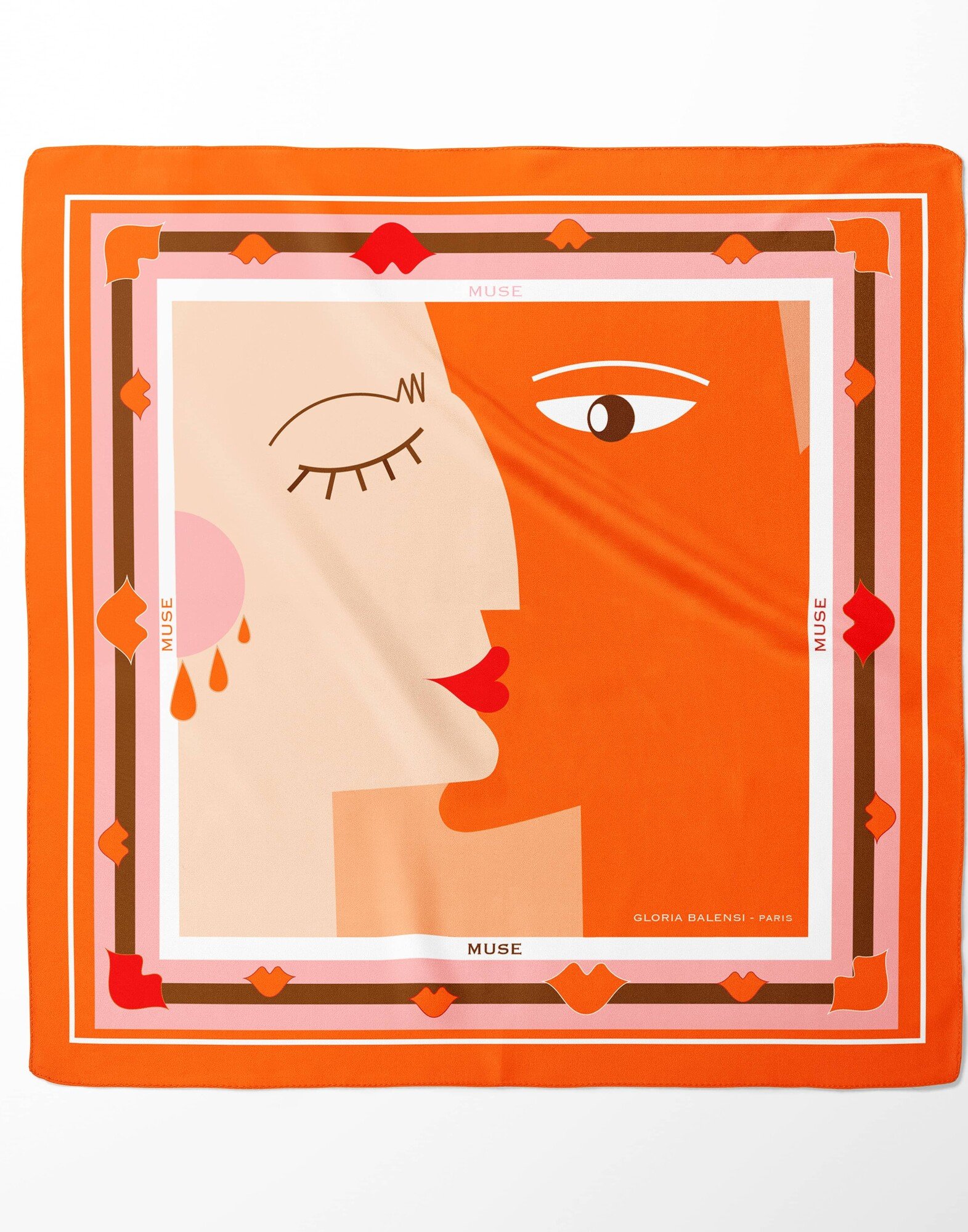 Foulard carré en twill de soie - imprimé LE BISOU orange 69cm| Gloria Balensi foulards