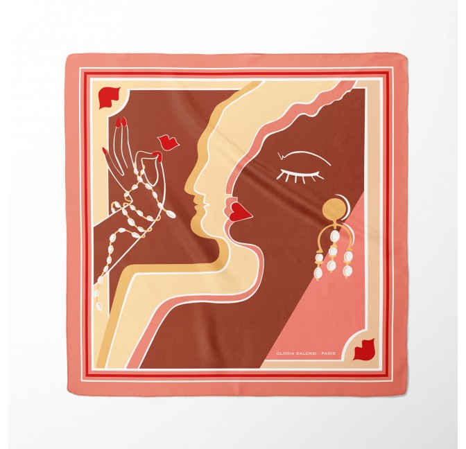 Foulard carré en twill de soie - imprimé TOI ET MOI Rose 69cm| Gloria Balensi foulards