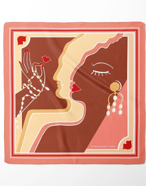 Foulard carré en twill de soie - imprimé TOI ET MOI Rose 69cm| Gloria Balensi foulards