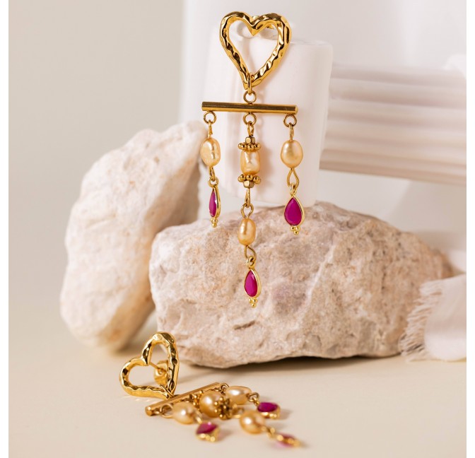 Dangling earrings heart freshwater pearl gold and rubellite - ROMA | Gloria Balensi Paris jewelry