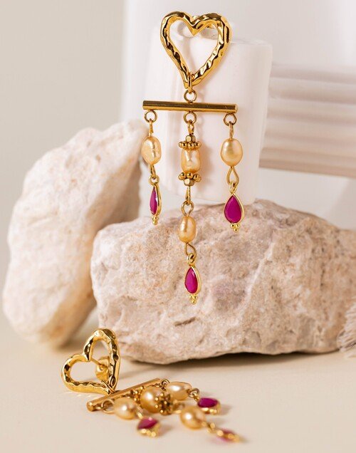 Boucles d’oreilles pendantes coeur perles de culture or et rubellite - ROMA | Gloria Balensi Paris bijoux
