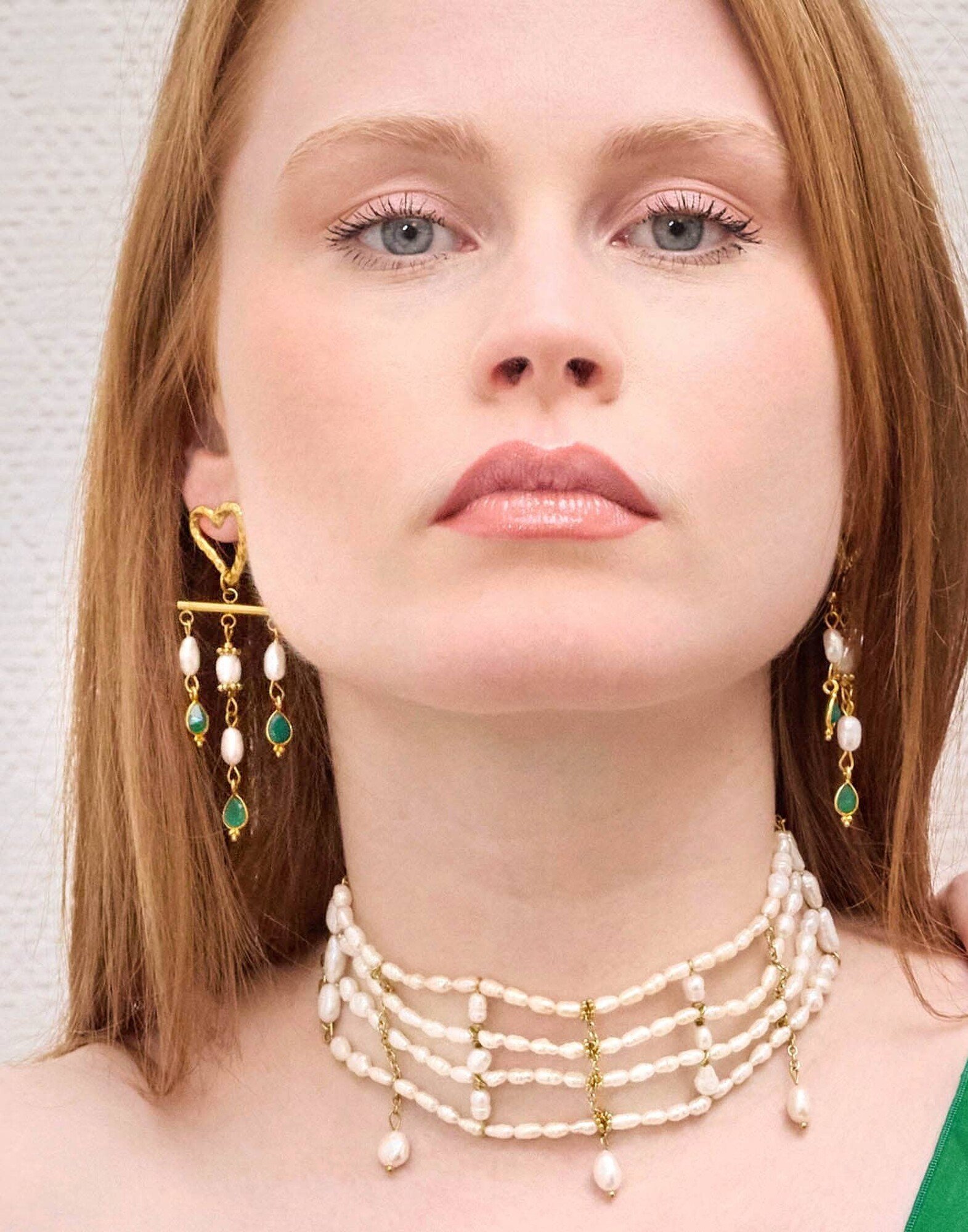 Boucles d’oreilles pendantes coeur perles de culture et quartz vert - ROMA | Gloria Balensi Paris bijoux