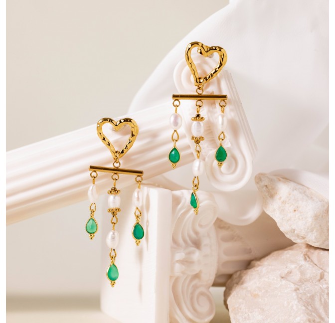 Dangling earrings heart freshwater pearl and green onyx - ROMA | Gloria Balensi Paris jewelry