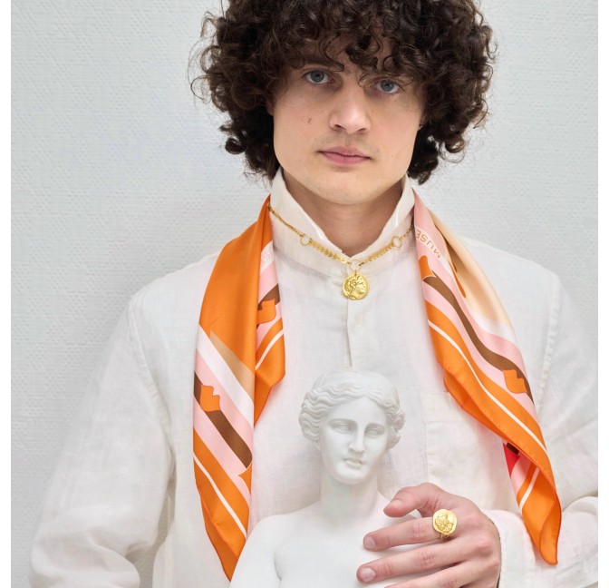 69cm silk twill square, LE BISOU print - Orange|Gloria Balensi scarves