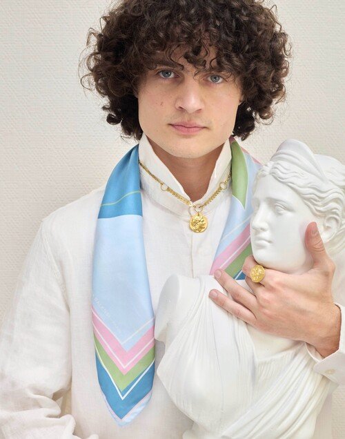 69cm silk twill square, MUSE mouth print - Green pink blue|Gloria Balensi scarves