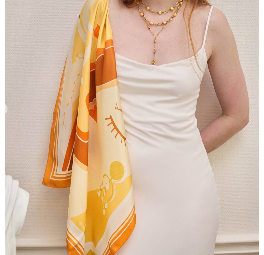 69cm silk twill square, TOI ET MOI print - Yellow|Gloria Balensi scarves