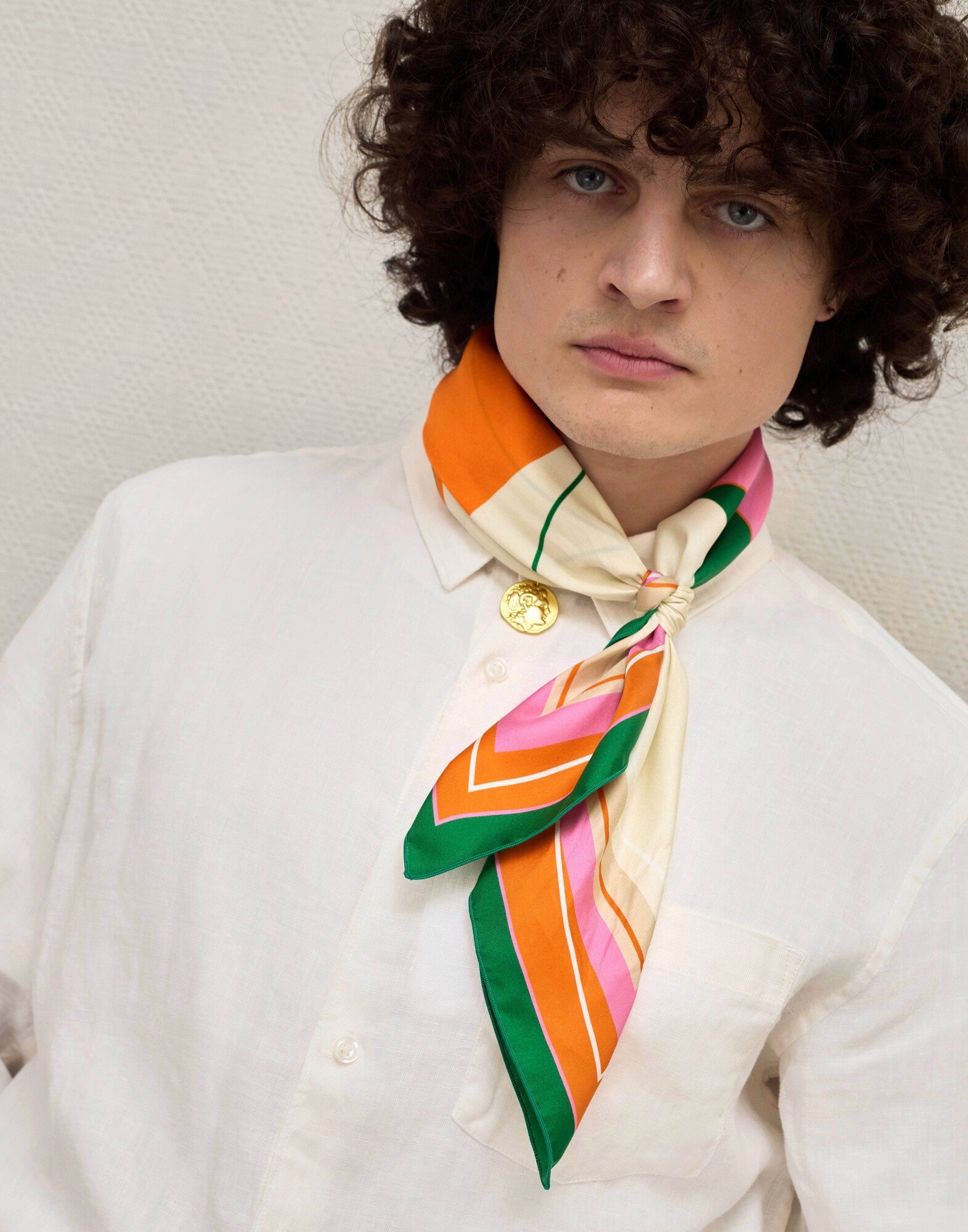 Carré de soie 69cm, twill de soie imprimé bouche MUSE - Vert rose orange| Gloria Balensi foulards