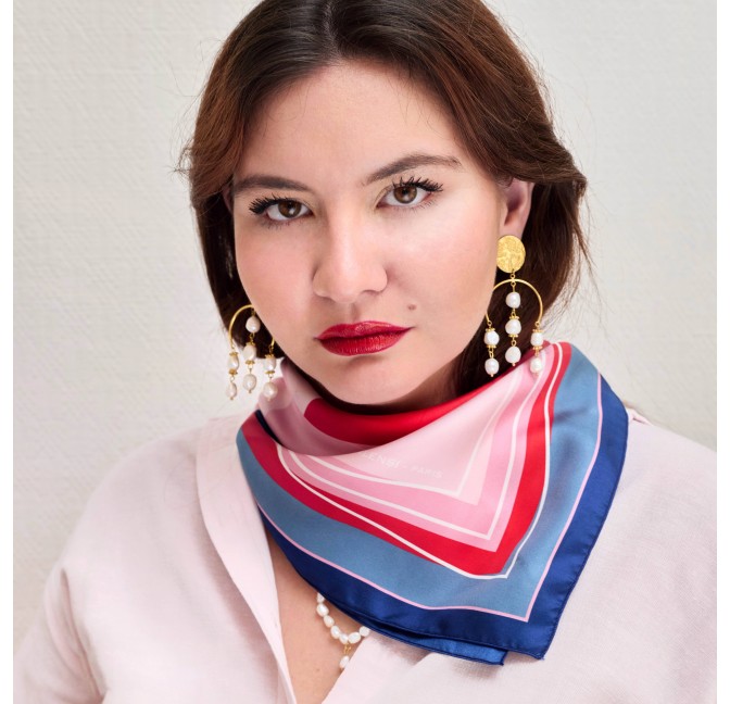 69cm silk square, MUSE mouth print silk twill - Navy blue red pink|Gloria Balensi scarves