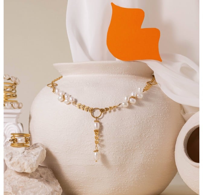 Cultured pearl necklace, laurel chain - CÉSAR | Gloria Balensi Paris jewelry