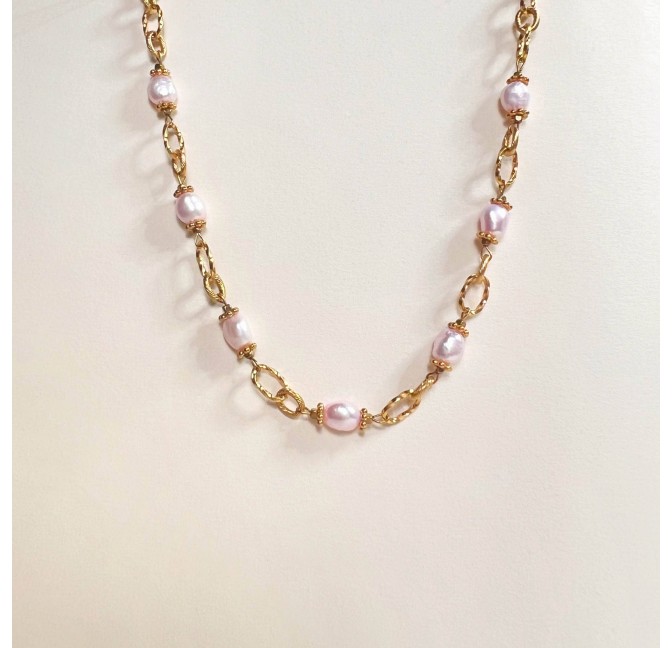 Collier ras-du-cou perles de culture roses, chaîne grands maillons style vintage - ROMY | Gloria Balensi Paris bijoux