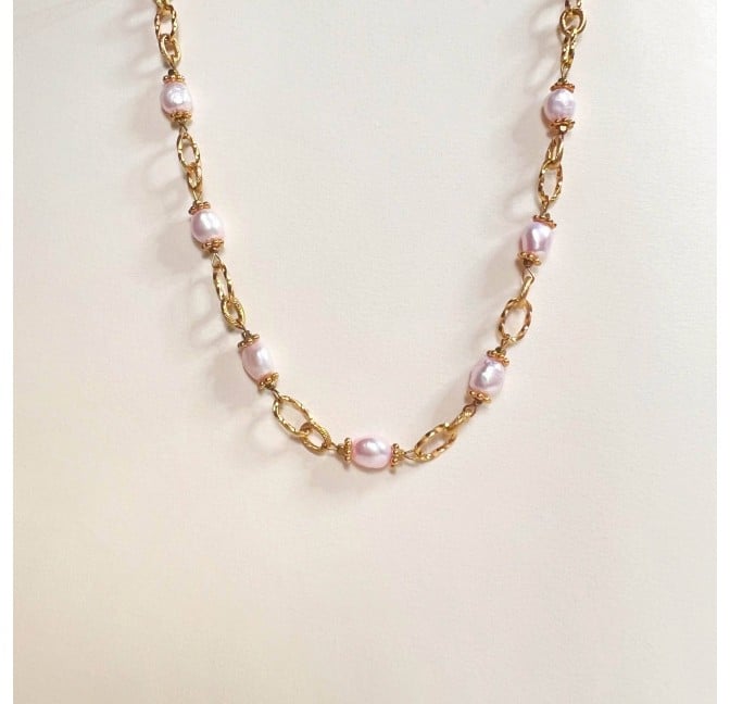 Pink cultured pearl choker necklace, vintage style large link chain - ROMY | Gloria Balensi Paris jewelry