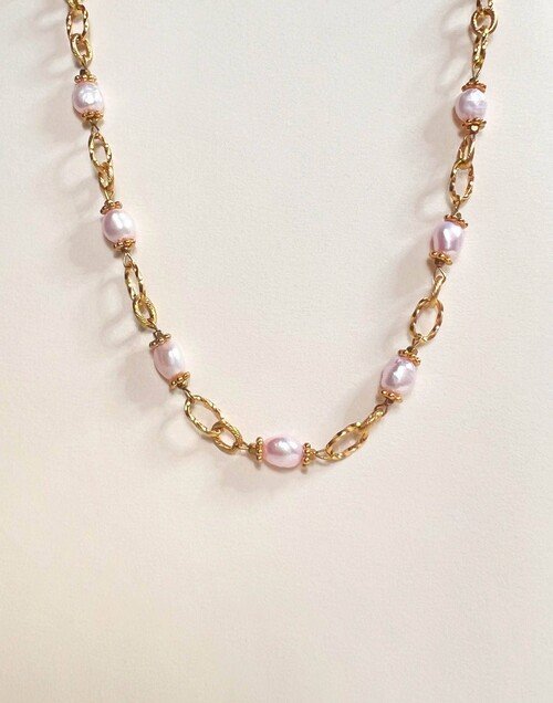 Collier ras-du-cou perles de culture roses, chaîne grands maillons style vintage - ROMY | Gloria Balensi Paris bijoux