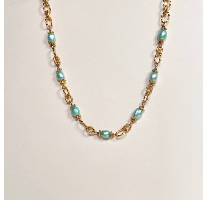 Collier ras-du-cou perles de culture bleues, chaîne grands maillons style vintage - ROMY | Gloria Balensi Paris bijoux