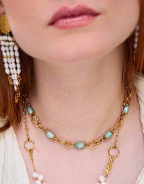 Collier ras-du-cou perles de culture bleues, chaîne grands maillons style vintage - ROMY | Gloria Balensi Paris bijoux