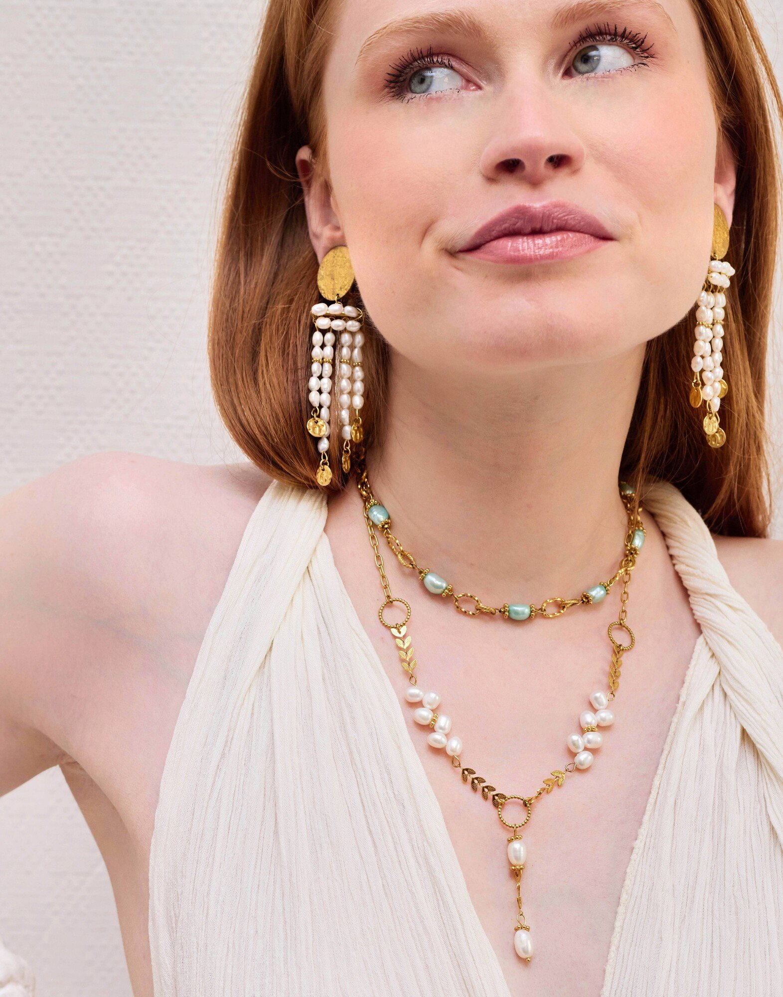 Blue cultured pearl choker necklace, vintage style large link chain - ROMY | Gloria Balensi Paris jewelry