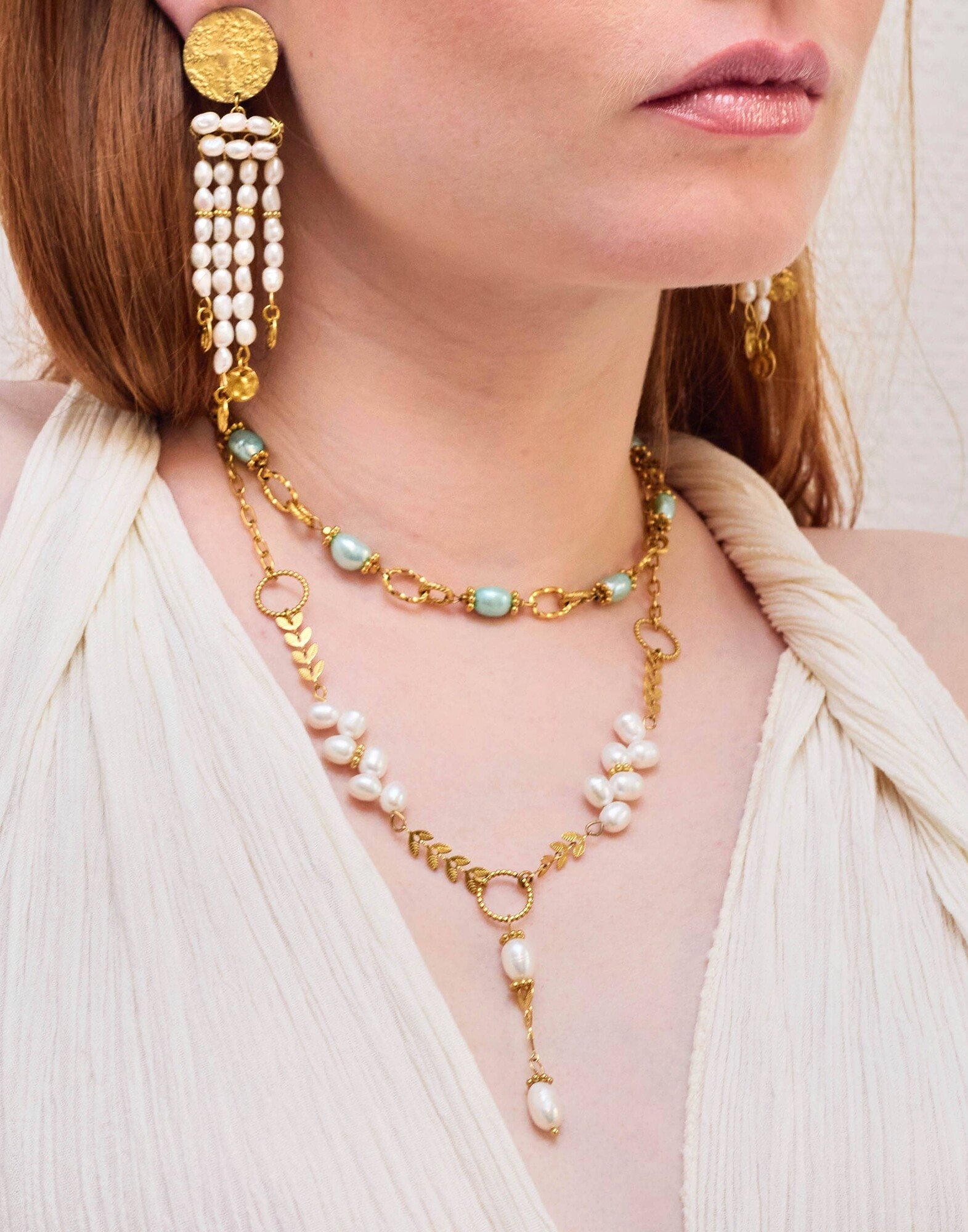 Blue cultured pearl choker necklace, vintage style large link chain - ROMY | Gloria Balensi Paris jewelry