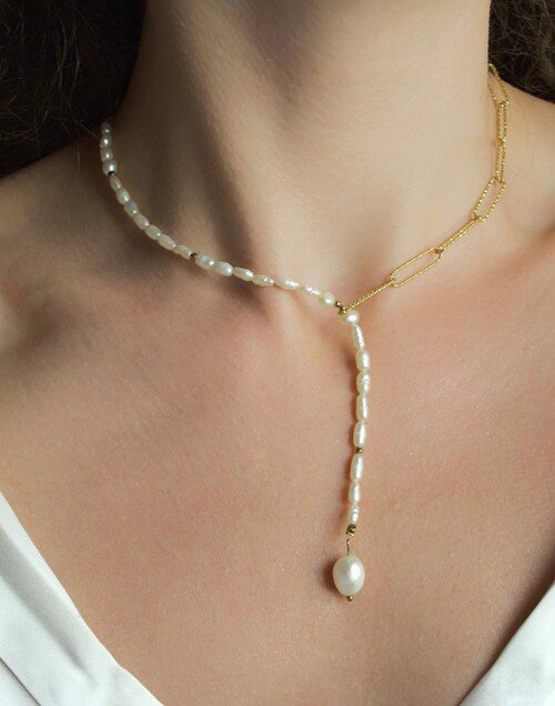Collier cravate perles de culture, chaîne grands maillons - VÉNUS| Gloria Balensi Paris bijoux