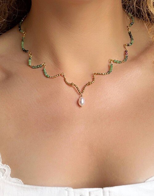 Zoïsite ruby, pearls and stainless steel choker necklace - DIVINE