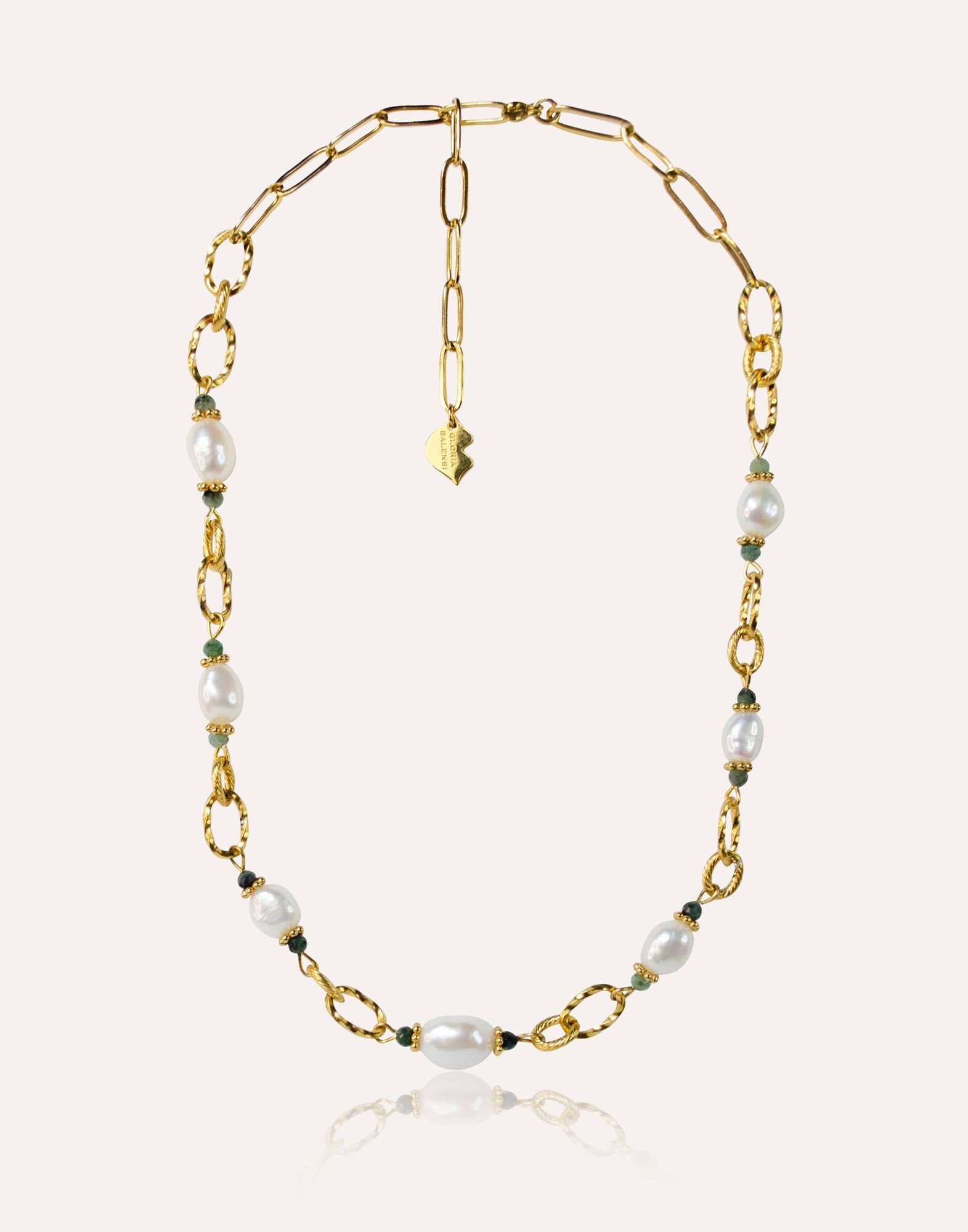 Stainless steel choker necklace with cultured pearl and emerald  - ATHEA | Gloria Balensi Paris jewelry