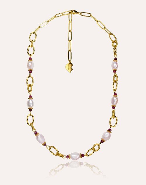Collier ras de cou perles de culture roses pâles, rubellite, acier inoxydable – ATHEA | Gloria Balensi Paris bijoux