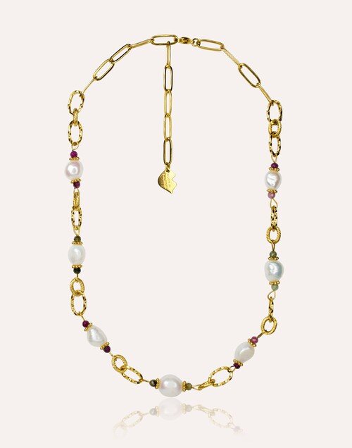 Stainless steel choker necklace with cultured pearl and tourmaline  - ATHEA