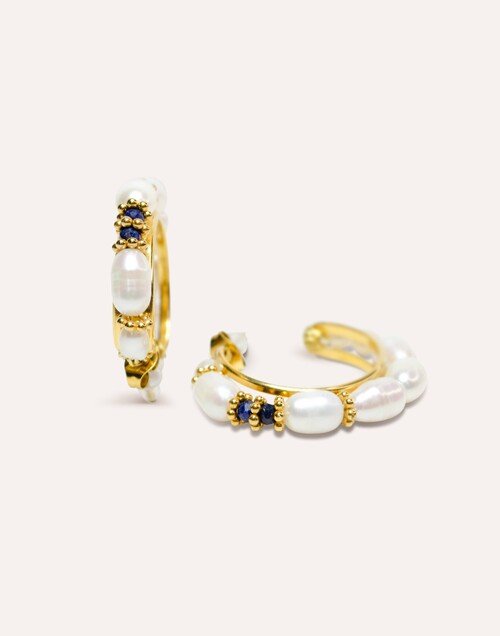 Boucles d’Oreilles Créoles Perles et Lapis-lazuli NINA –Style et Artisanat Parisien|Gloria Balensi