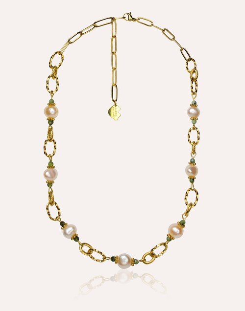 Collier ras de cou perles de culture rose naturelles, jaspe vert, acier inoxydable – ATHEA | Gloria Balensi Paris bijoux