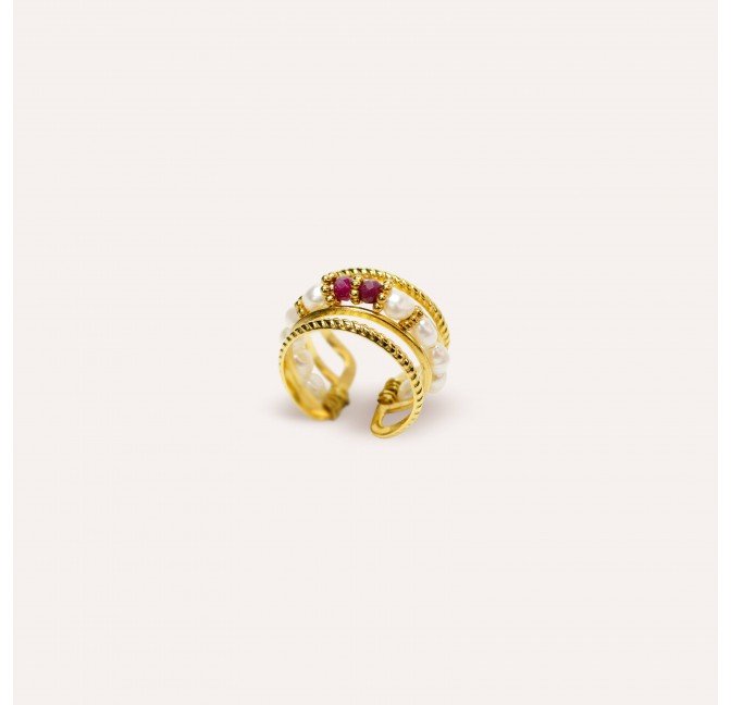 Bague ajustable en acier inoxydable avec perles de culture et Rubellite- NAE | Gloria Balensi Paris bijoux
