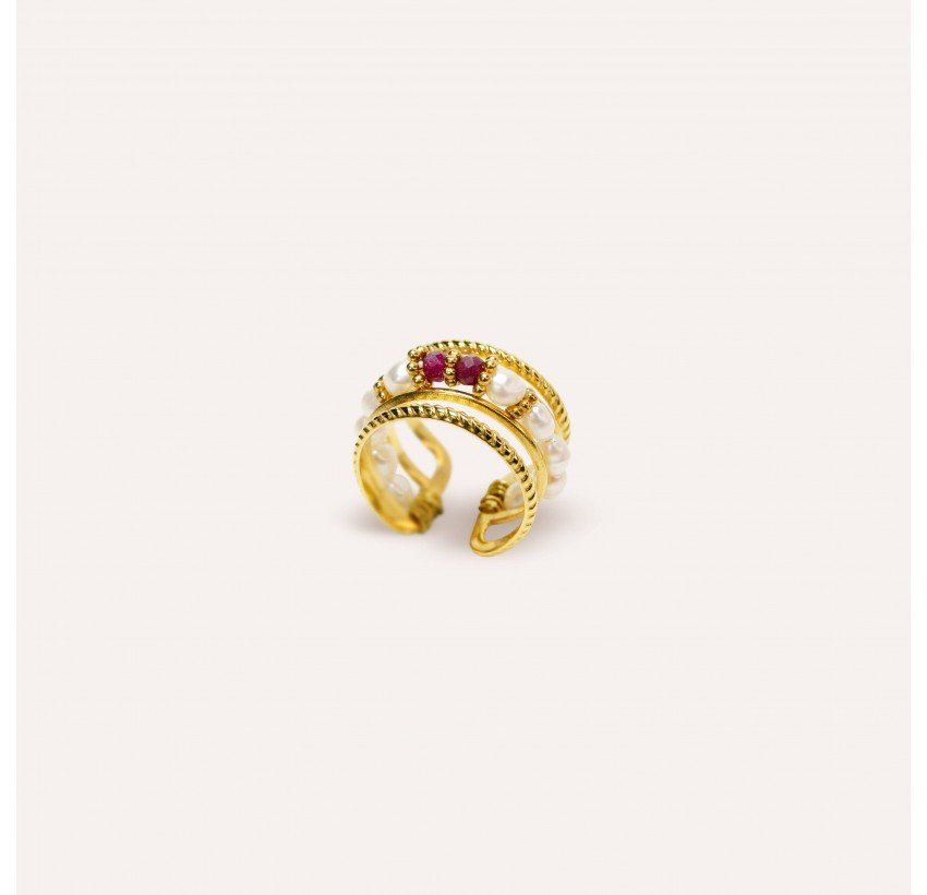 Bague ajustable en acier inoxydable avec perles de culture et Rubellite- NAE | Gloria Balensi Paris bijoux