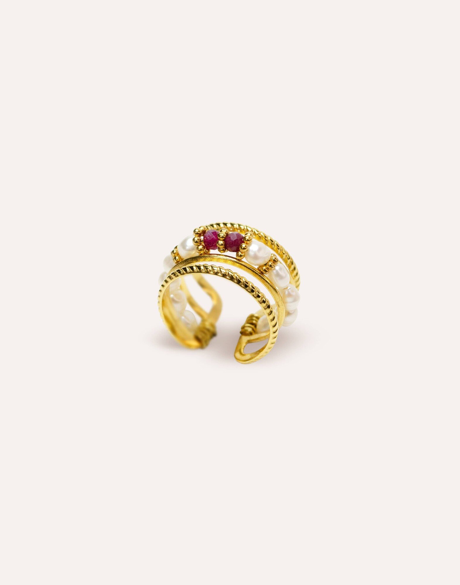 Bague ajustable en acier inoxydable avec perles de culture et Rubellite- NAE | Gloria Balensi Paris bijoux