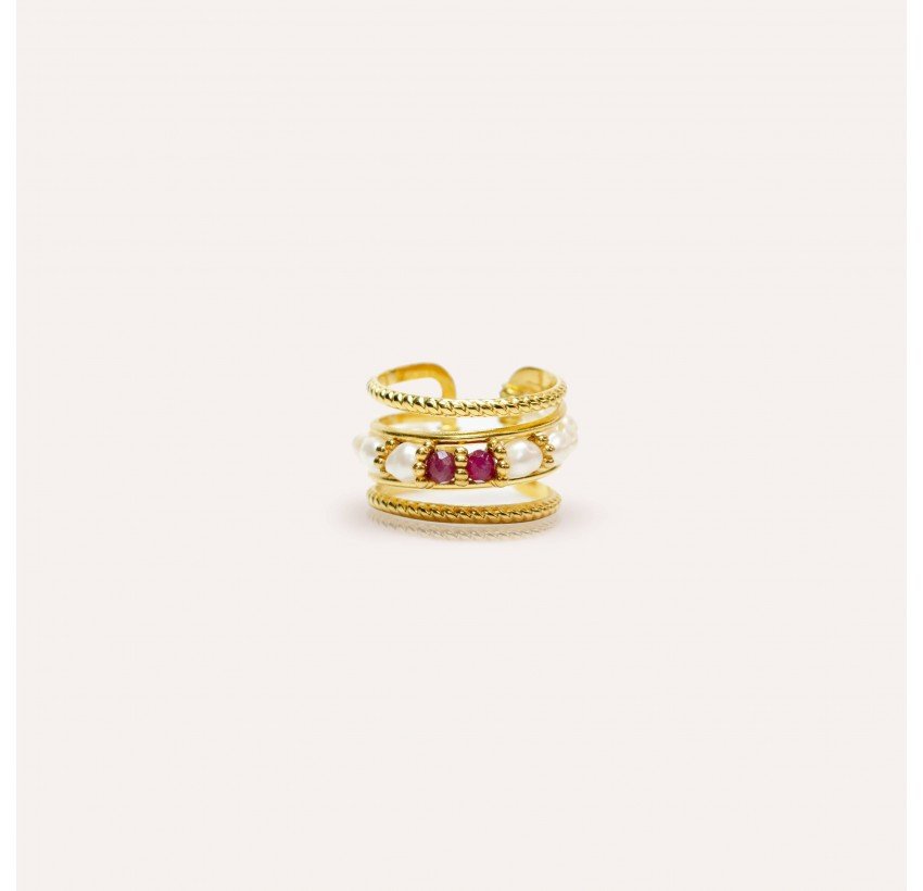 Bague ajustable en acier inoxydable avec perles de culture et Rubellite- NAE | Gloria Balensi Paris bijoux