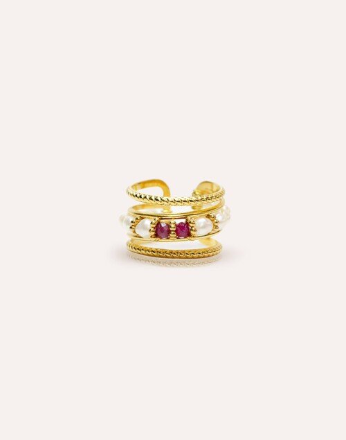 Bague ajustable en acier inoxydable avec perles de culture et Rubellite- NAE | Gloria Balensi Paris bijoux