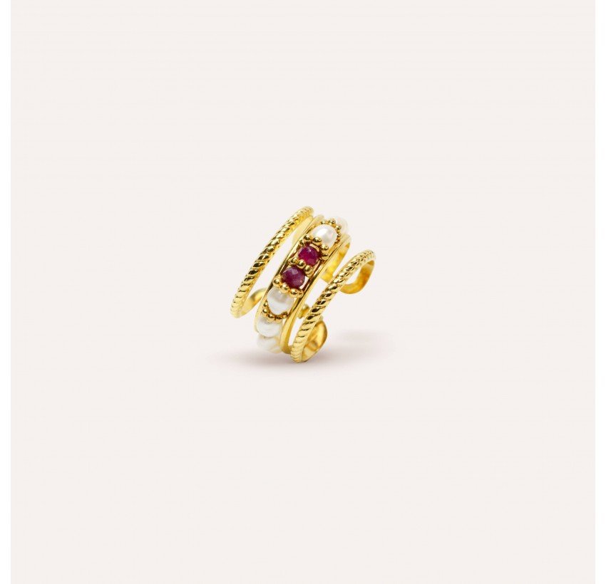 Bague ajustable en acier inoxydable avec perles de culture et Rubellite- NAE | Gloria Balensi Paris bijoux