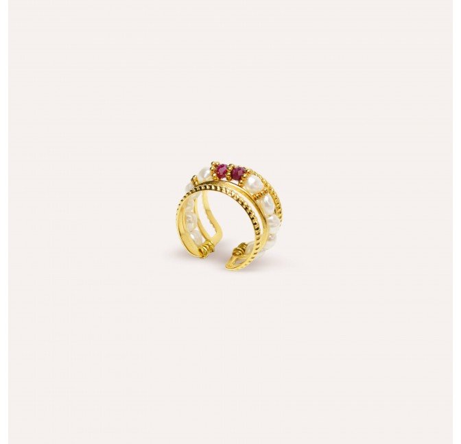 Bague ajustable en acier inoxydable avec perles de culture et Rubellite- NAE | Gloria Balensi Paris bijoux