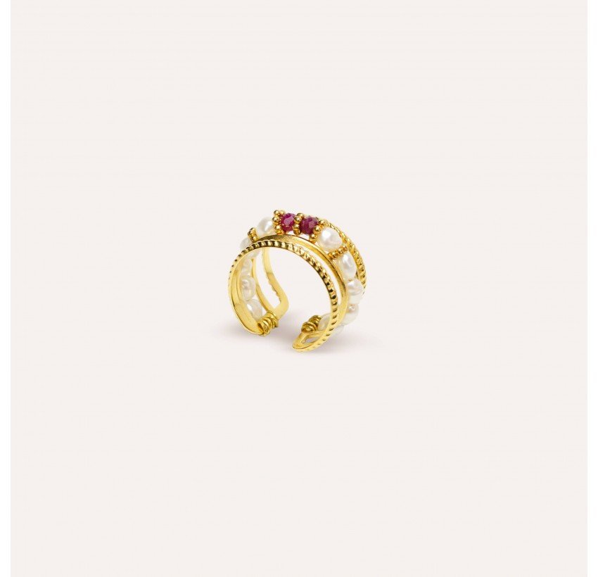 Bague ajustable en acier inoxydable avec perles de culture et Rubellite- NAE | Gloria Balensi Paris bijoux