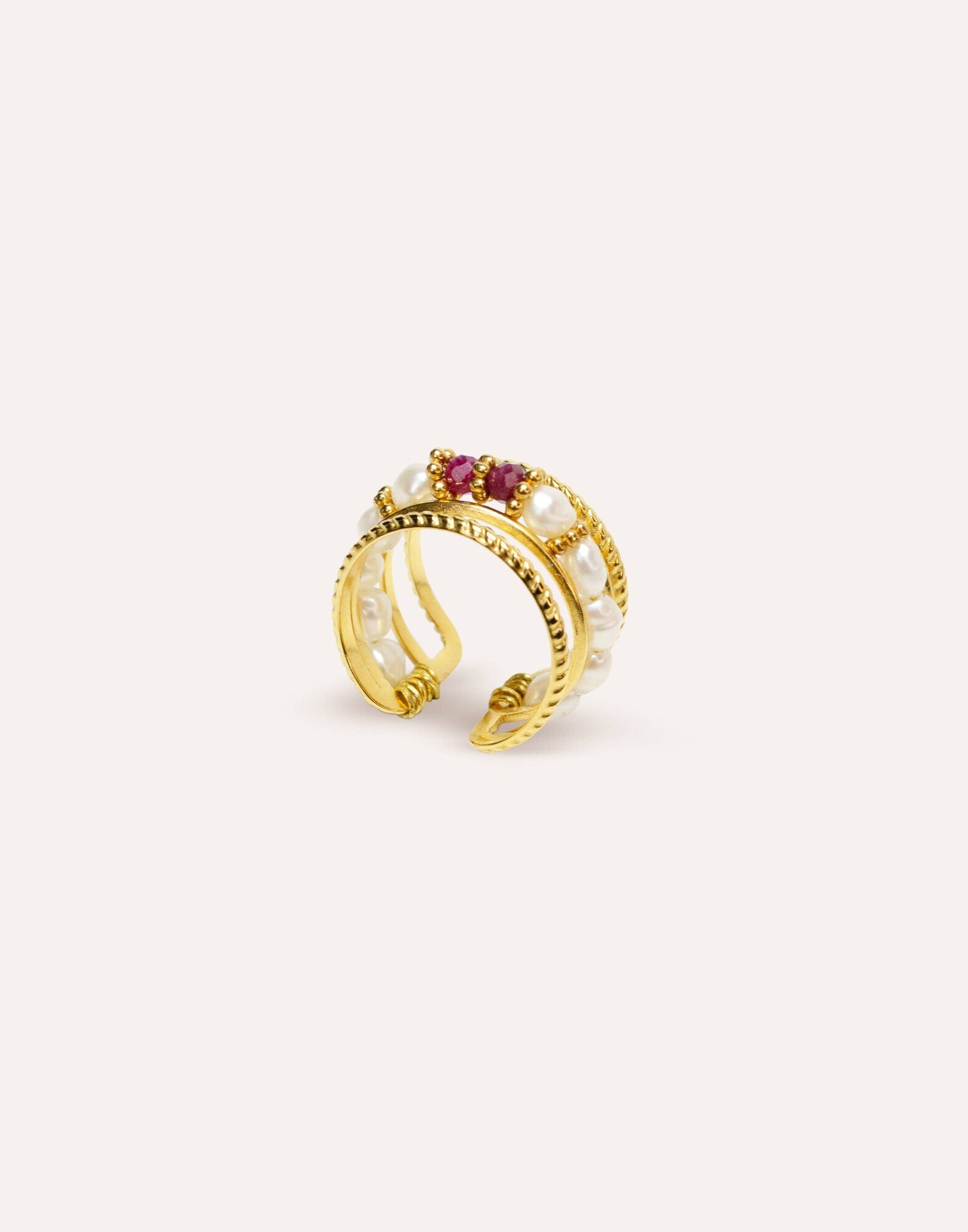 Bague ajustable en acier inoxydable avec perles de culture et Rubellite- NAE | Gloria Balensi Paris bijoux