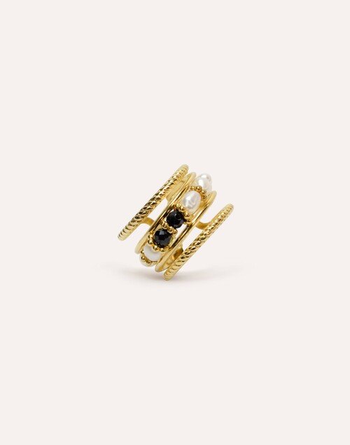 Bague ajustable en acier inoxydable avec perles de culture et Spinelle noir- NAE | Gloria Balensi Paris bijoux