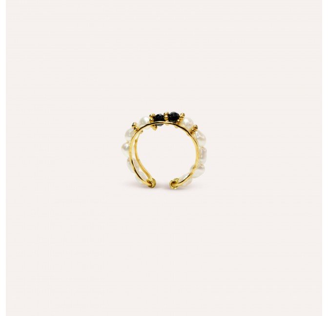 Bague ajustable en acier inoxydable avec perles de culture et Spinelle noir - THEA | Gloria Balensi Paris bijoux
