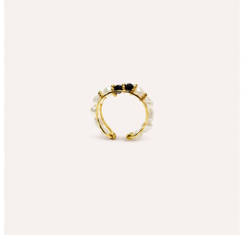 Bague ajustable en acier inoxydable avec perles de culture et Spinelle noir - THEA | Gloria Balensi Paris bijoux