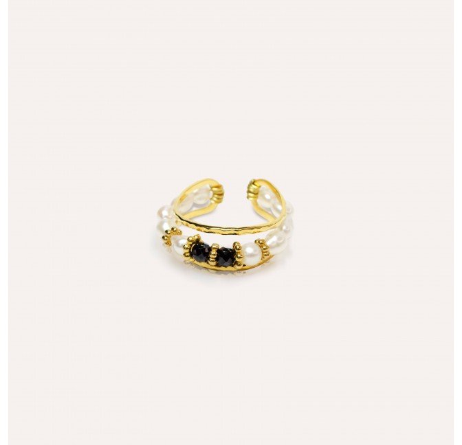 Bague ajustable en acier inoxydable avec perles de culture et Spinelle noir - THEA | Gloria Balensi Paris bijoux
