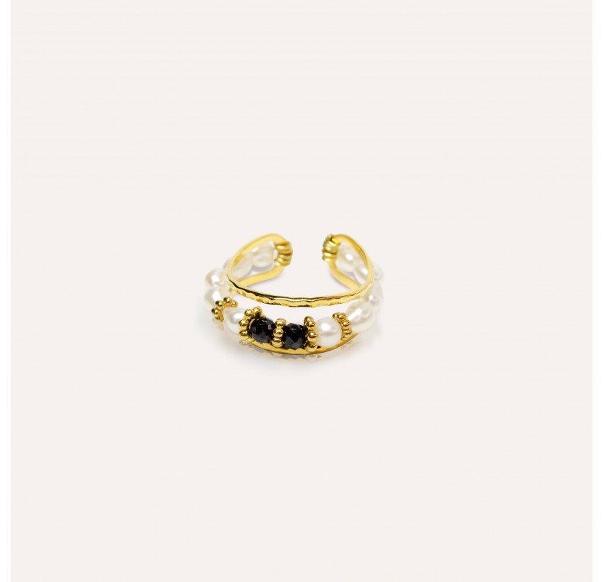 Bague ajustable en acier inoxydable avec perles de culture et Spinelle noir - THEA | Gloria Balensi Paris bijoux