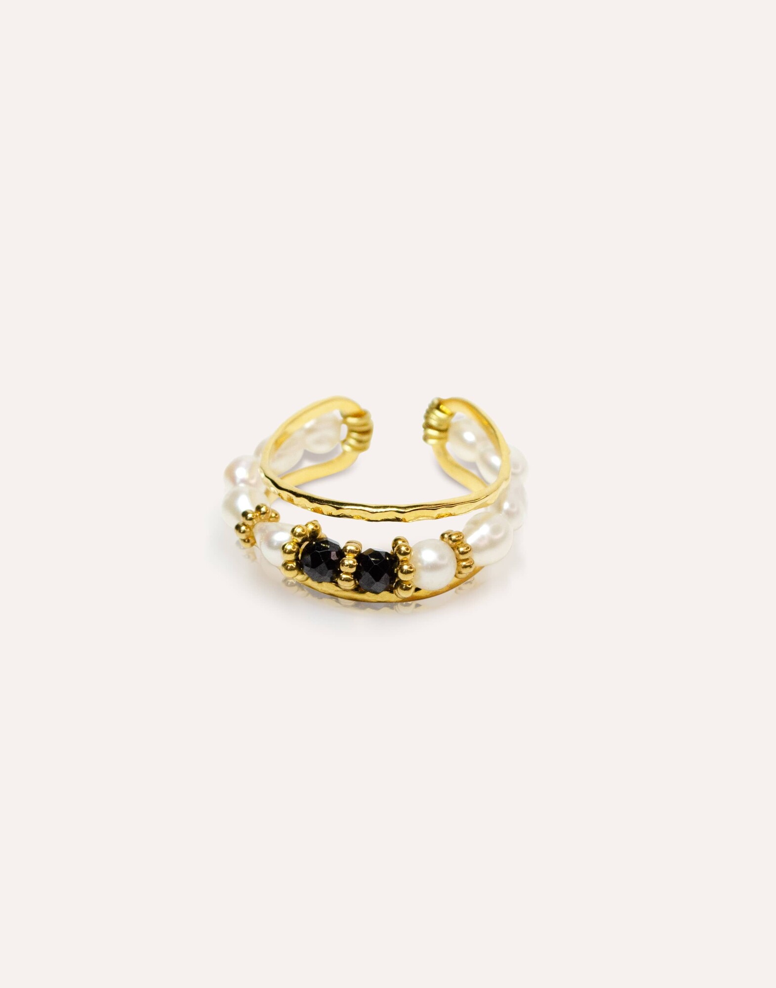 Adjustable stainless steel ring with cultured pearls and black spinel - THEA| Gloria Balensi
