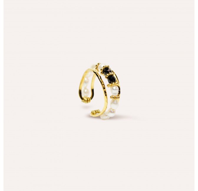Bague ajustable en acier inoxydable avec perles de culture et Spinelle noir - THEA | Gloria Balensi Paris bijoux