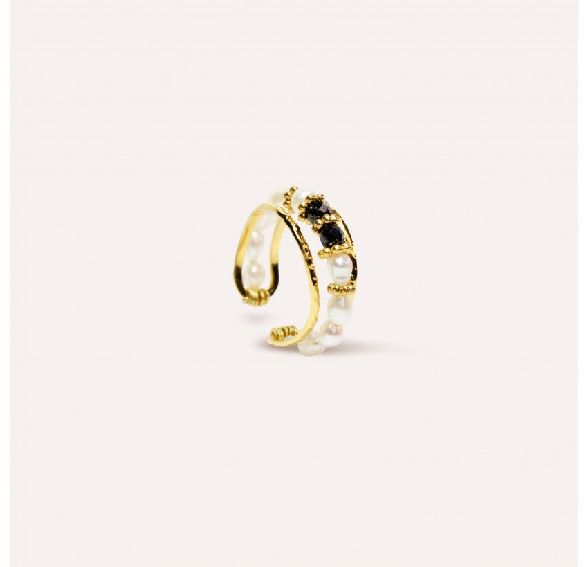 Bague ajustable en acier inoxydable avec perles de culture et Spinelle noir - THEA | Gloria Balensi Paris bijoux