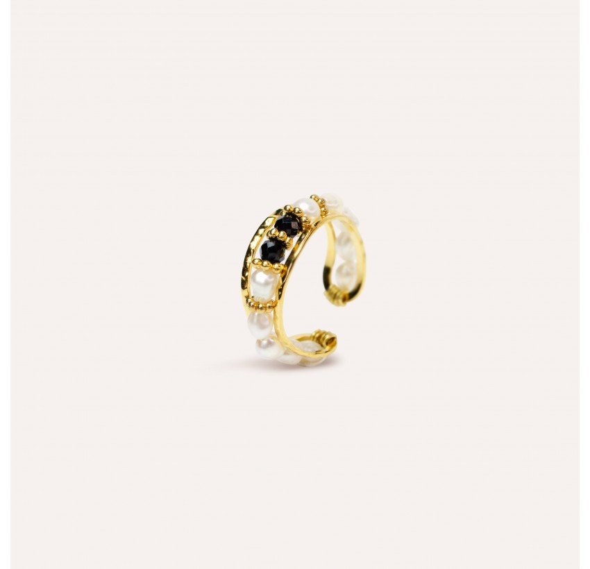 Bague ajustable en acier inoxydable avec perles de culture et Spinelle noir - THEA | Gloria Balensi Paris bijoux