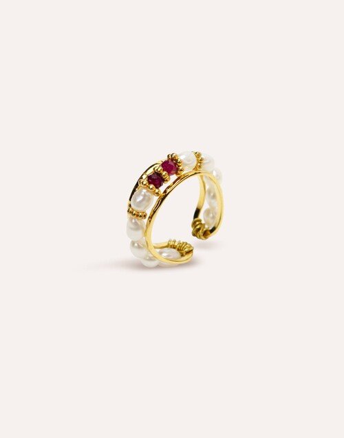 Bague ajustable en acier inoxydable avec perles de culture et Rubellite - THEA | Gloria Balensi Paris bijoux