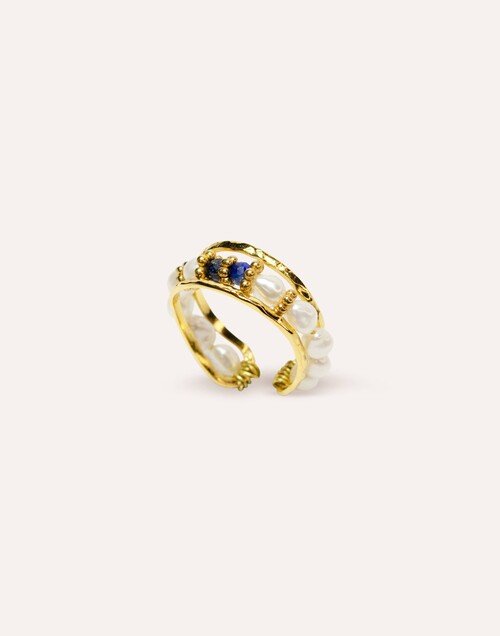 Bague ajustable en acier inoxydable avec perles de culture et Lapis-lazuli- THEA | Gloria Balensi Paris bijoux