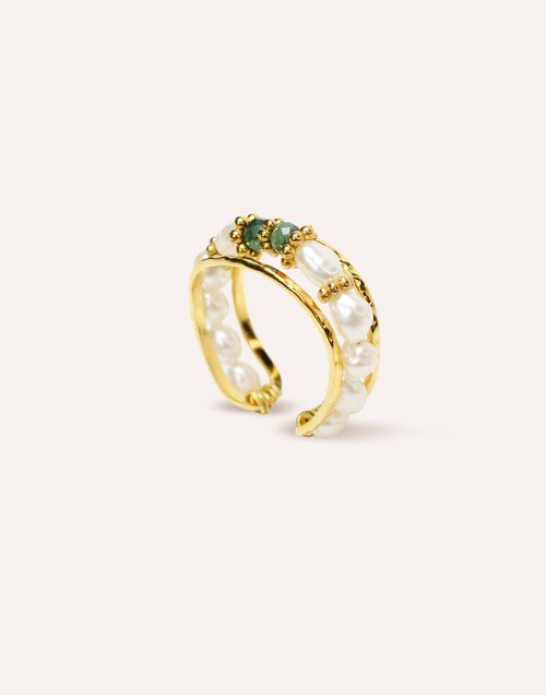 Bague ajustable en acier inoxydable avec perles de culture et émeraudes- THEA | Gloria Balensi Paris bijoux