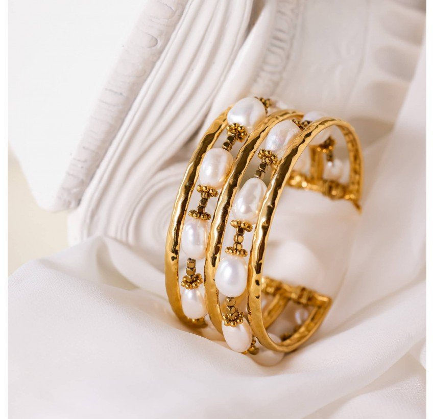 Stainless Steel Double Strand Cultured Pearl Cuff Bracelet - OYA | Gloria Balens Paris jewelry