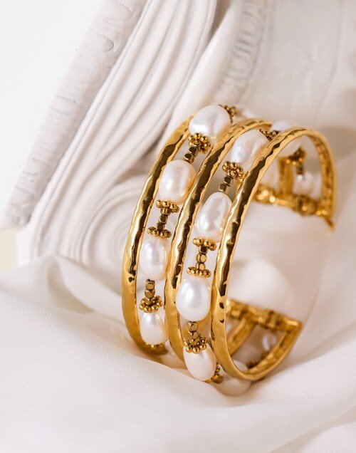Bracelet Manchette en acier inoxydable Double Rang en Perles de Culture - OYA| Gloria Balensi Paris bijoux